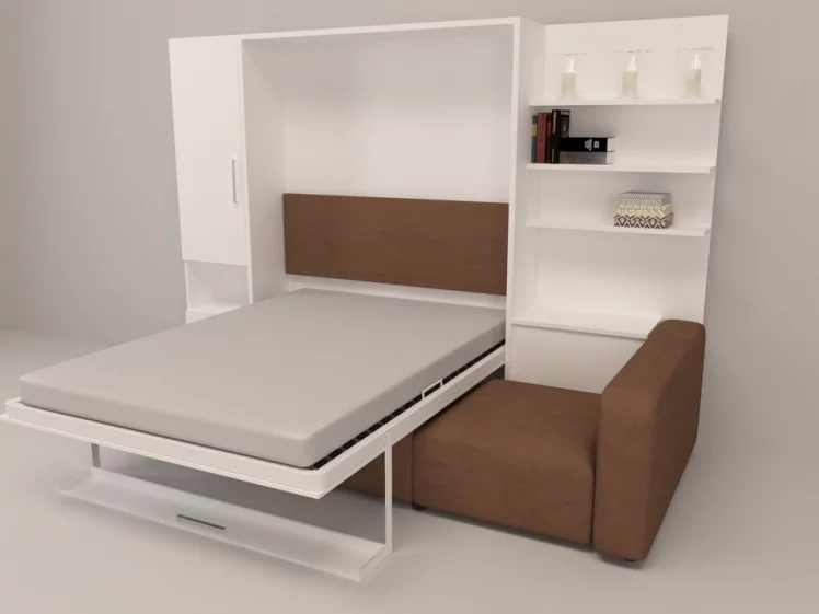 Шкаф-диван-кровать Смарт 1 левый с полкой и пуфом 1400 Ясень шимо темный_1